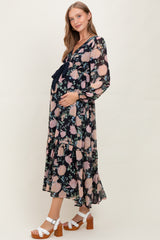 Navy Floral Chiffon Bow Tie Front Maternity Maxi Dress