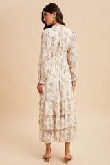 Cream Vintage Floral Ruffle Tiered Hem Maxi Dress
