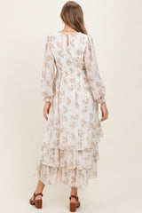 Cream Vintage Floral Ruffle Tiered Hem Maternity Maxi Dress