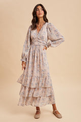 Light Pink Vintage Floral Ruffle Tiered Hem Maternity Maxi Dress