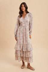 Light Pink Vintage Floral Ruffle Tiered Hem Maxi Dress