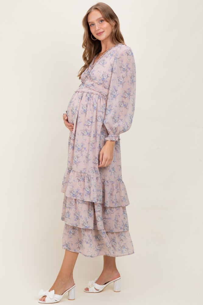 Light Pink Vintage Floral Ruffle Tiered Hem Maternity Maxi Dress