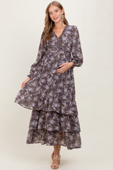 Brown Vintage Floral Ruffle Tiered Hem Maternity Maxi Dress