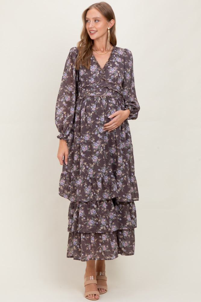Brown Vintage Floral Ruffle Tiered Hem Maternity Maxi Dress