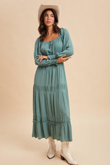 Teal Square Neck Long Sleeve Maxi Dress
