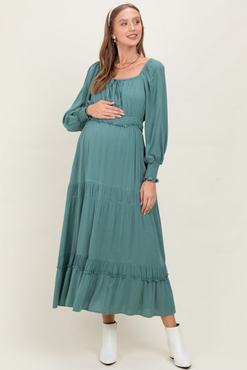 Teal Square Neck Long Sleeve Maternity Maxi Dress