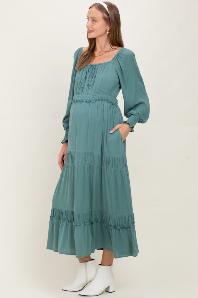 Teal Square Neck Long Sleeve Maternity Maxi Dress