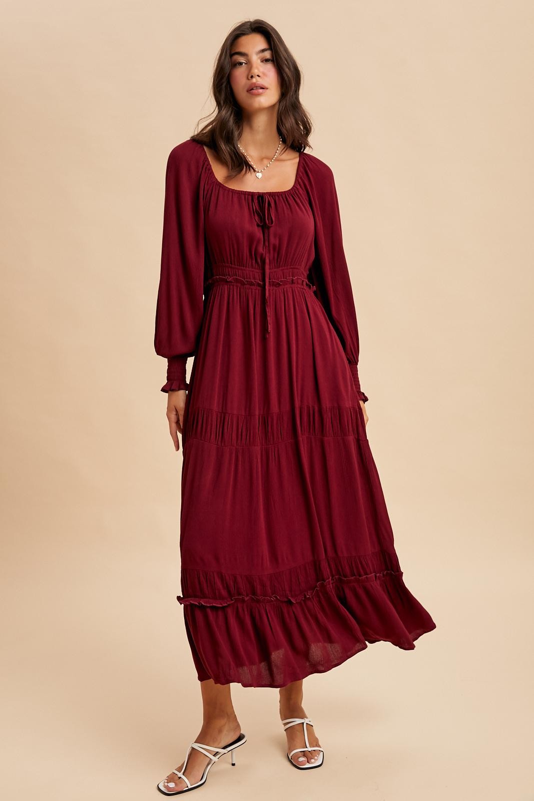 Burgundy Square Neck Long Sleeve Maternity Maxi Dress
