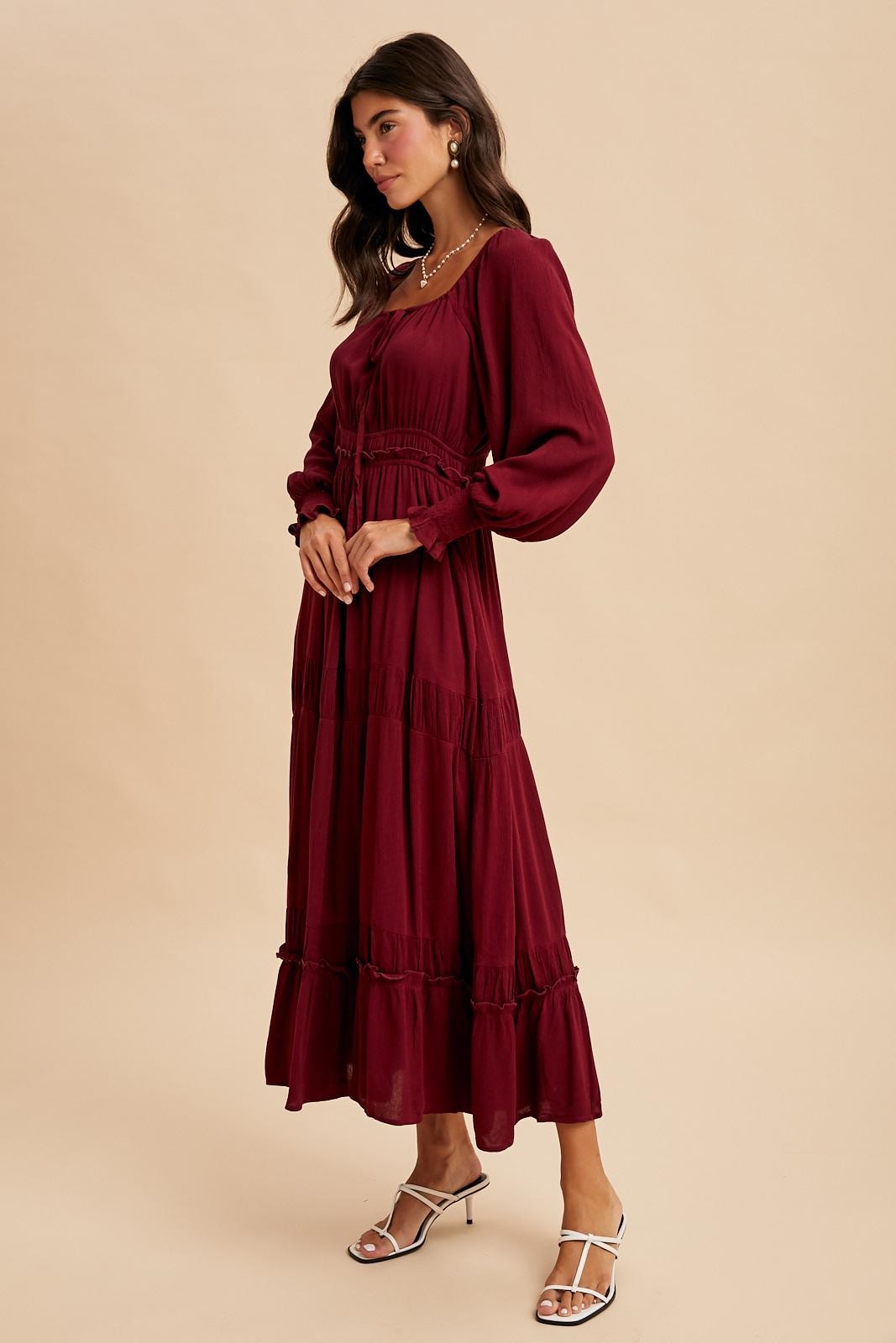 Burgundy Square Neck Long Sleeve Maxi Dress