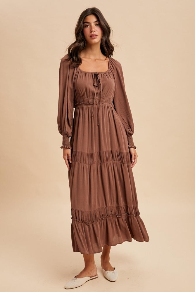 Mocha Square Neck Long Sleeve Maxi Dress