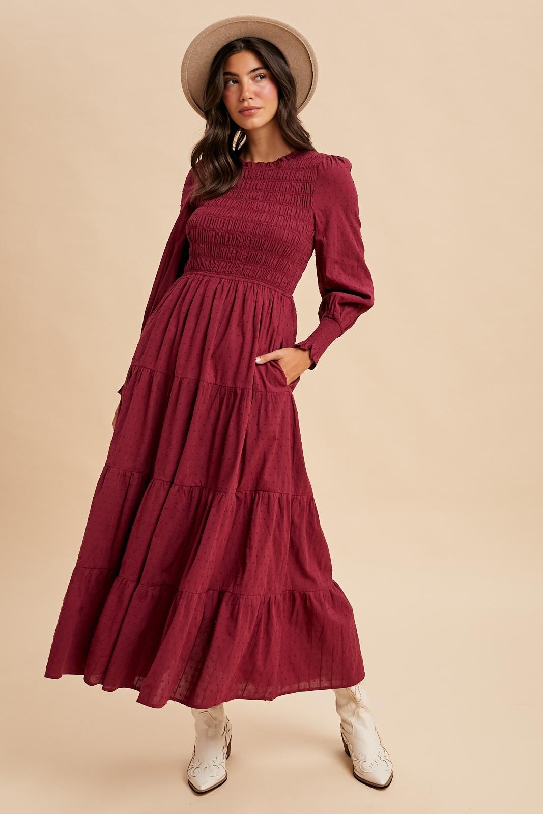 Burgundy Swiss Dot Smocked Tiered Maxi Dress