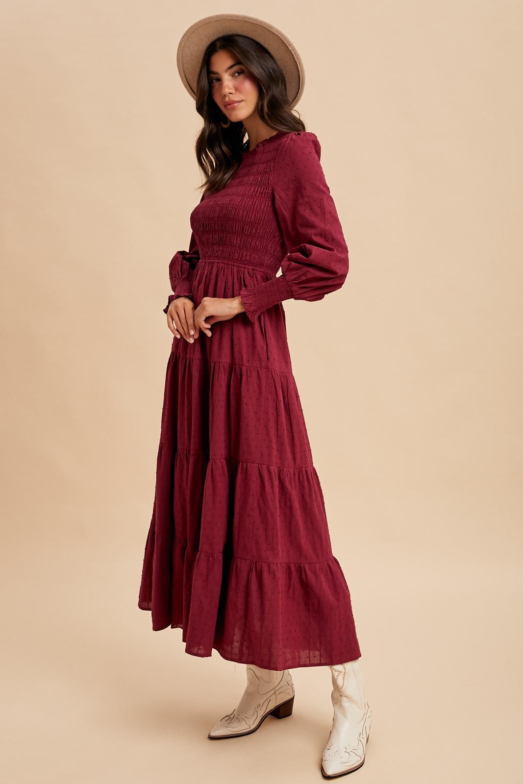 Burgundy Swiss Dot Smocked Tiered Maxi Dress