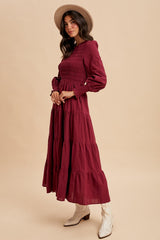 Burgundy Swiss Dot Smocked Tiered Maxi Dress