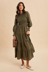 Olive Swiss Dot Smocked Tiered Maxi Dress