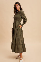 Olive Swiss Dot Smocked Tiered Maxi Dress