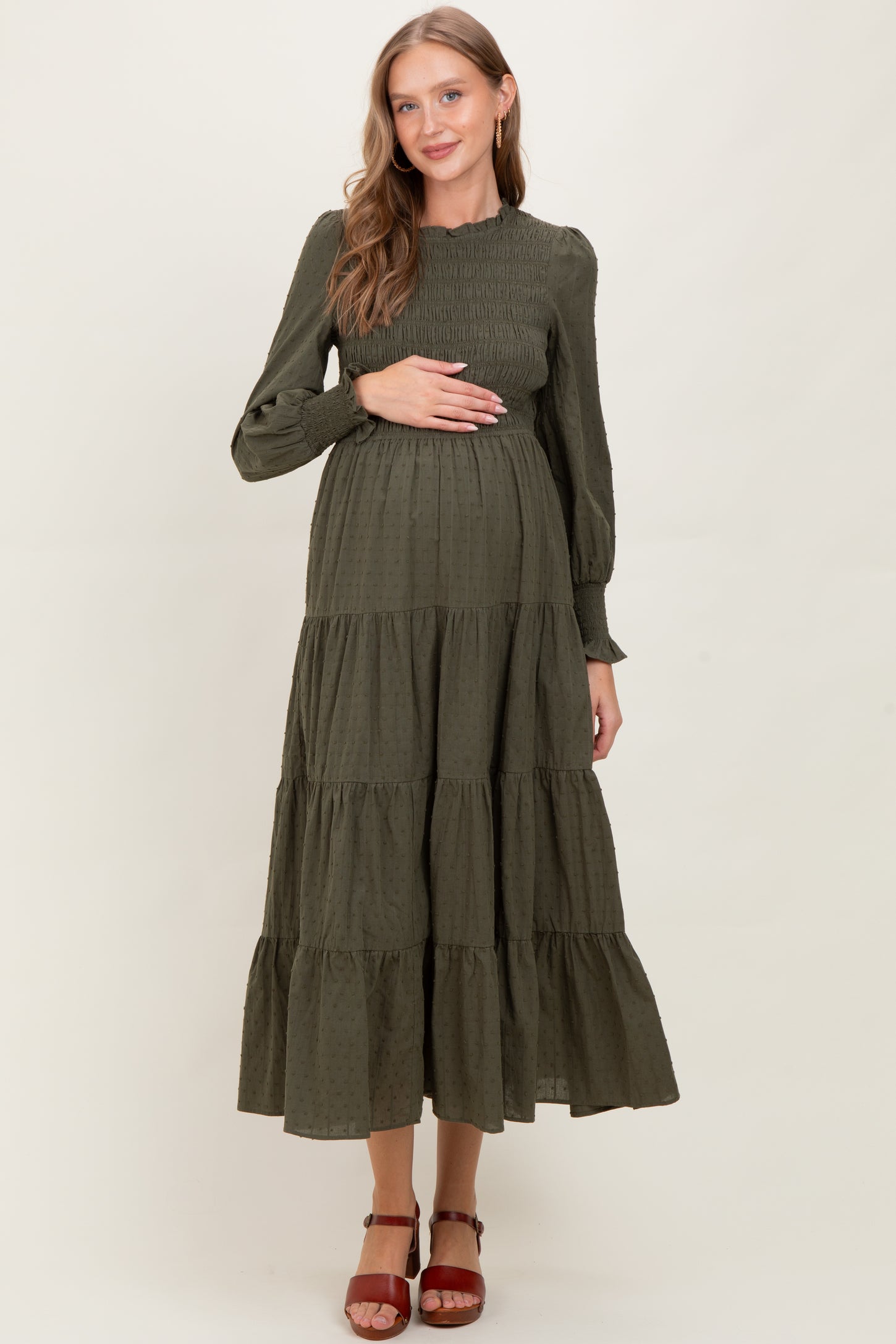 Olive Swiss Dot Smocked Tiered Maternity Maxi Dress