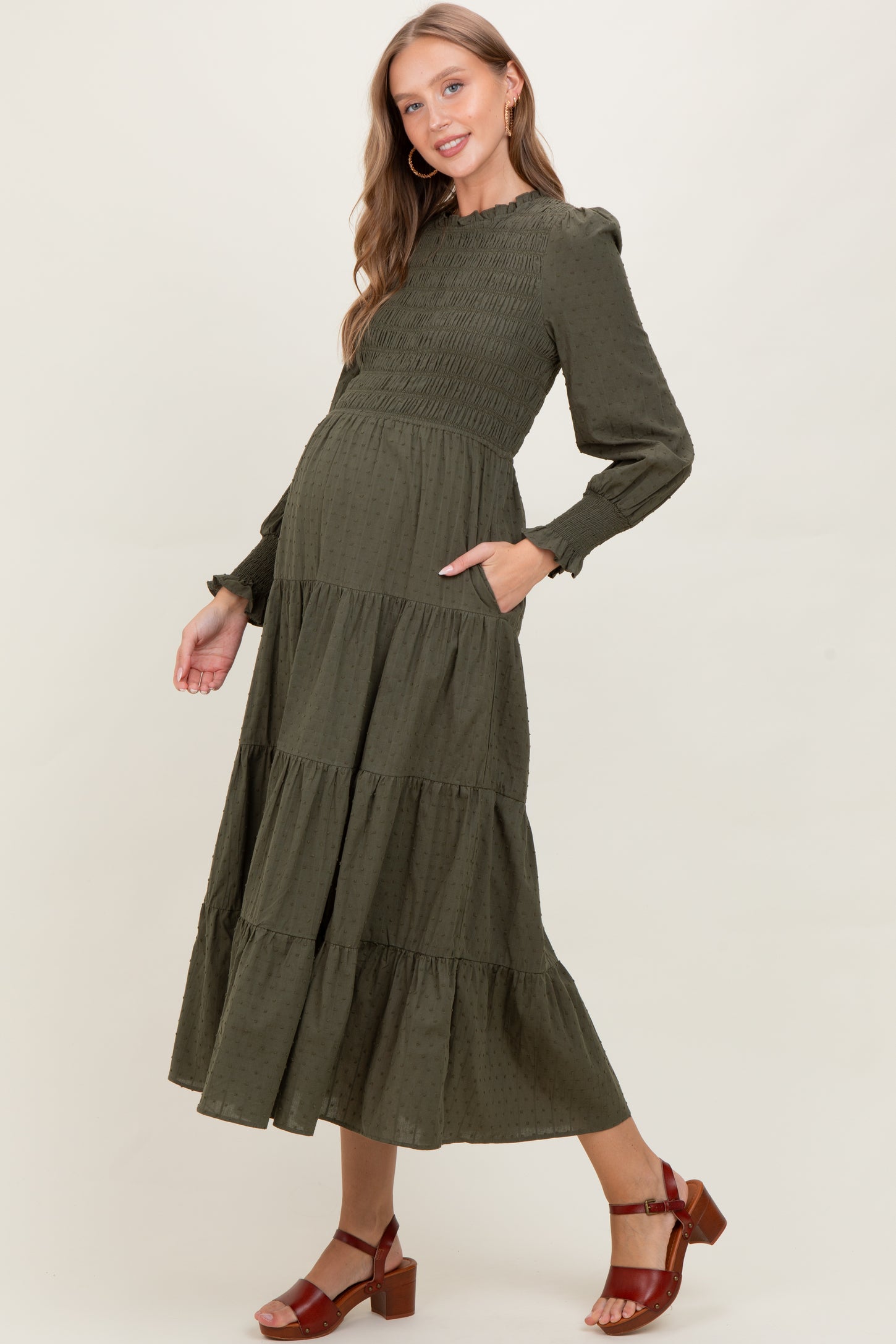 Olive Swiss Dot Smocked Tiered Maternity Maxi Dress