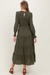 Olive Swiss Dot Smocked Tiered Maternity Maxi Dress