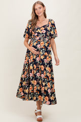 Navy Floral Tiered Puff Sleeve Maternity Maxi Dress