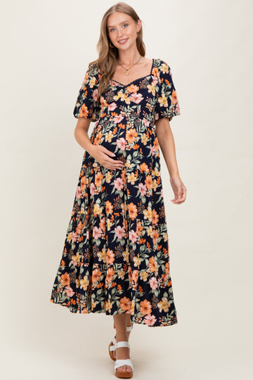 Navy Floral Tiered Puff Sleeve Maternity Maxi Dress