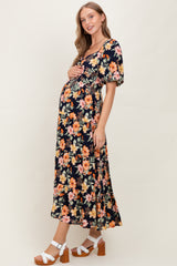 Navy Floral Tiered Puff Sleeve Maternity Maxi Dress