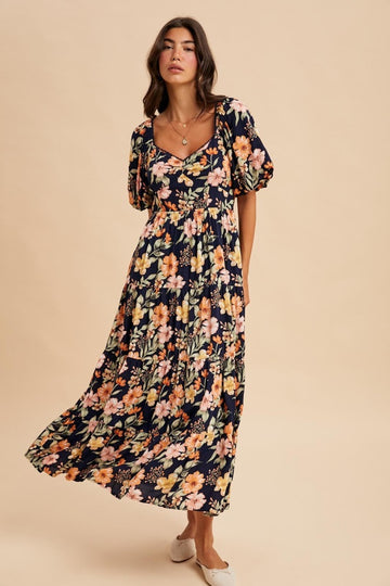 Navy Floral Tiered Puff Sleeve Maxi Dress