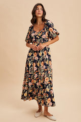 Navy Floral Tiered Puff Sleeve Maxi Dress