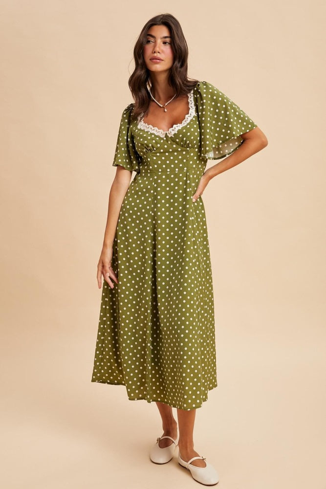 Olive Polka Dot Lace Trim Maxi Dress