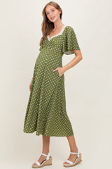 Olive Polka Dot Lace Trim Maternity Maxi Dress
