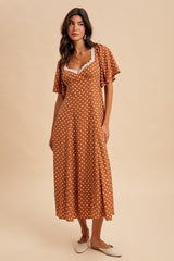 Camel Polka Dot Lace Trim Maxi Dress