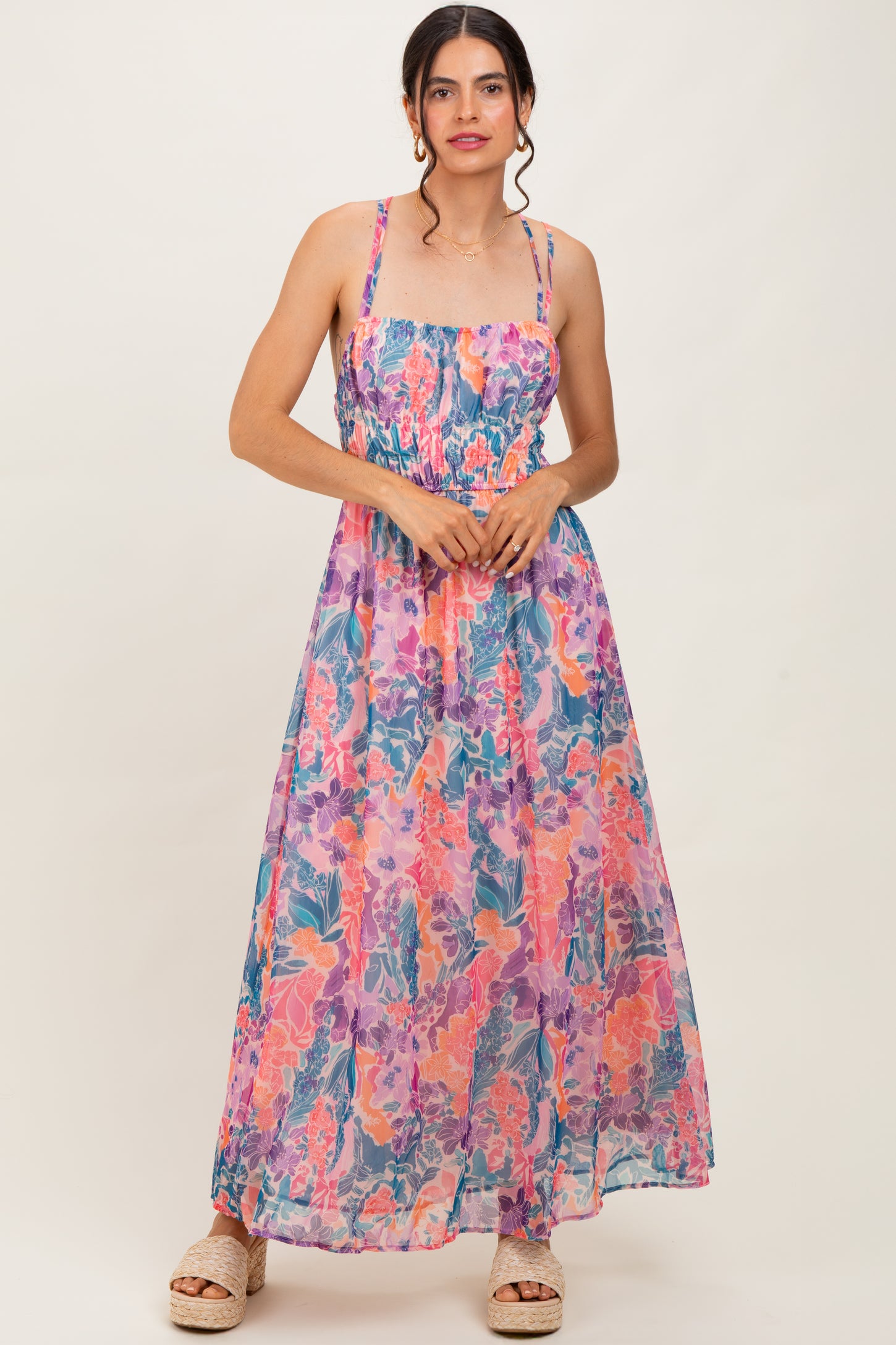 Coral Floral Strappy Back Maternity Maxi Dress