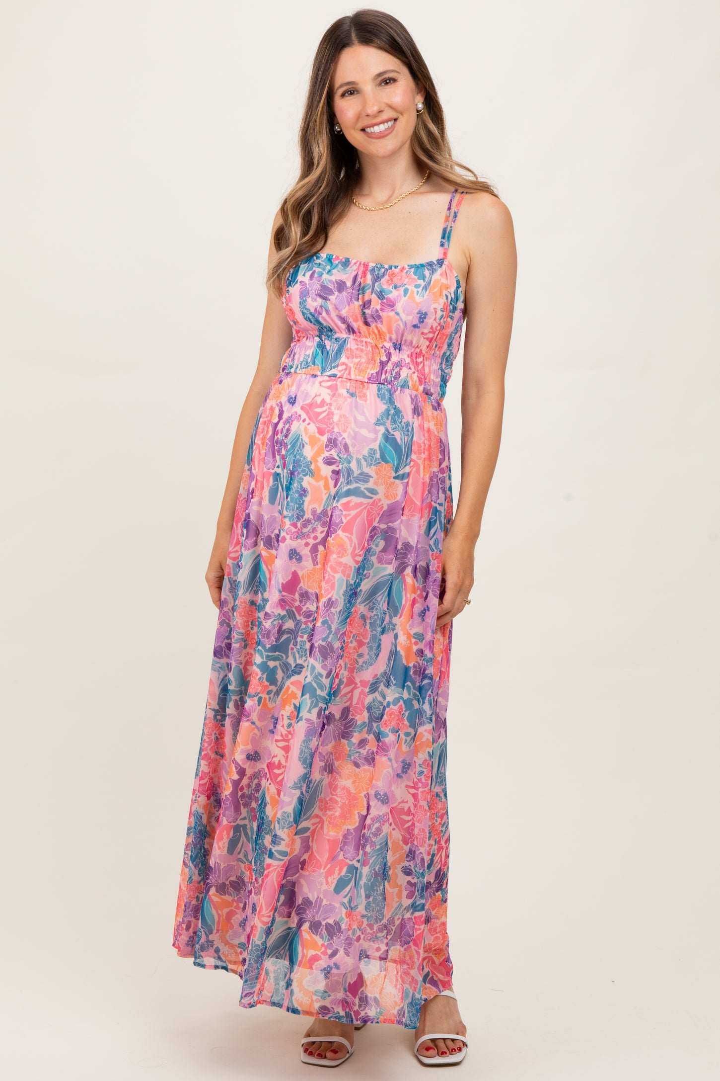 Coral Floral Strappy Back Maternity Maxi Dress