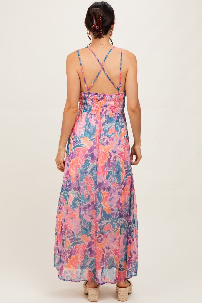 Coral Floral Strappy Back Maxi Dress