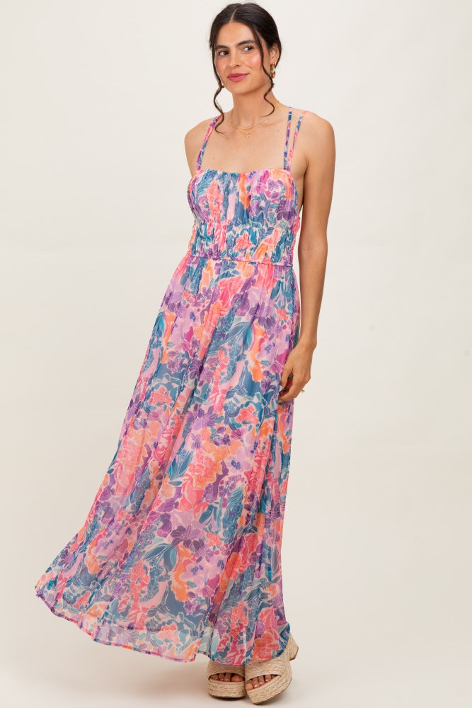 Coral Floral Strappy Back Maxi Dress