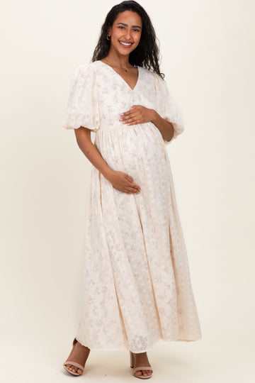 Cream Floral Textured Chiffon Overlay Maternity Maxi Dress