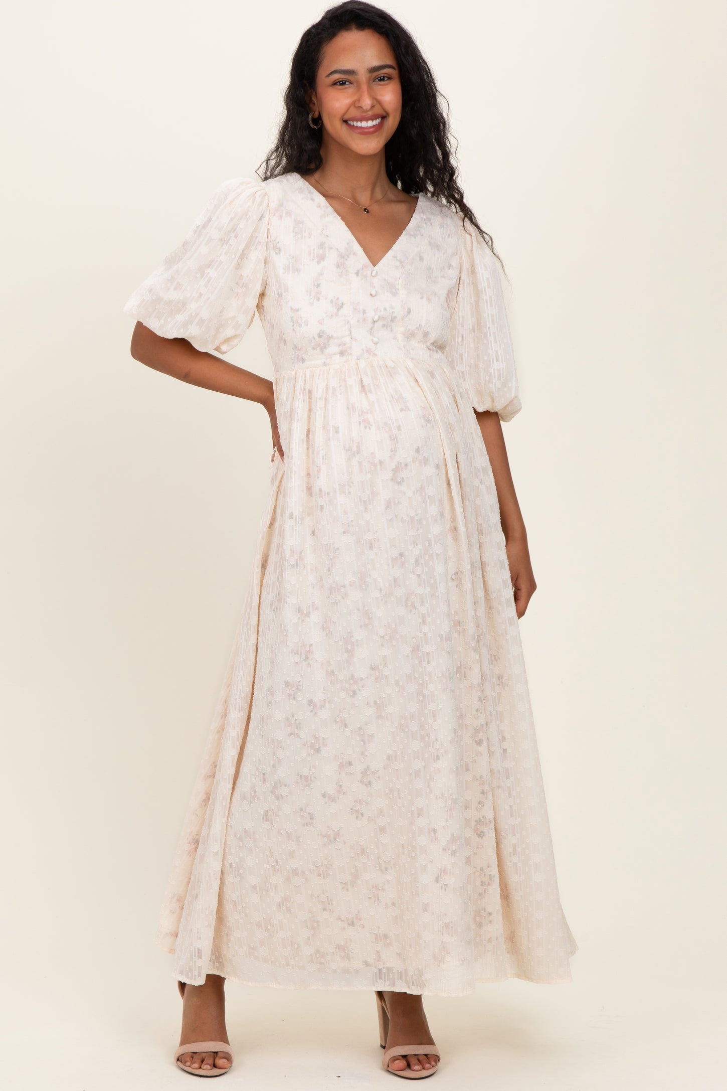 Cream Floral Textured Chiffon Overlay Maternity Maxi Dress