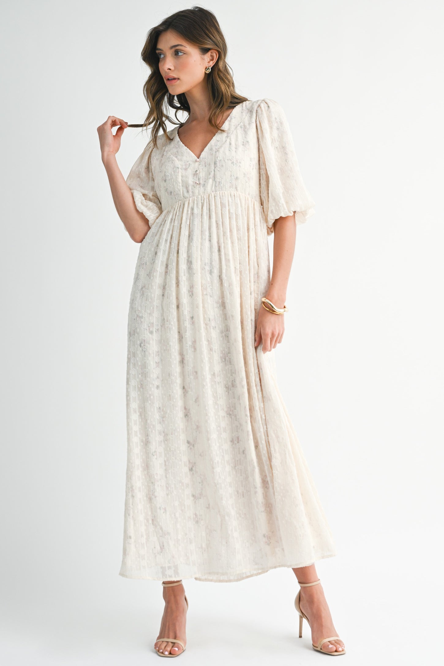 Cream Floral Textured Chiffon Overlay Maxi Dress