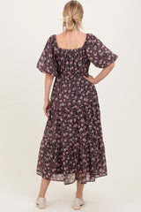 Brown Floral Sweetheart Neckline Puff Sleeve Maxi Dress