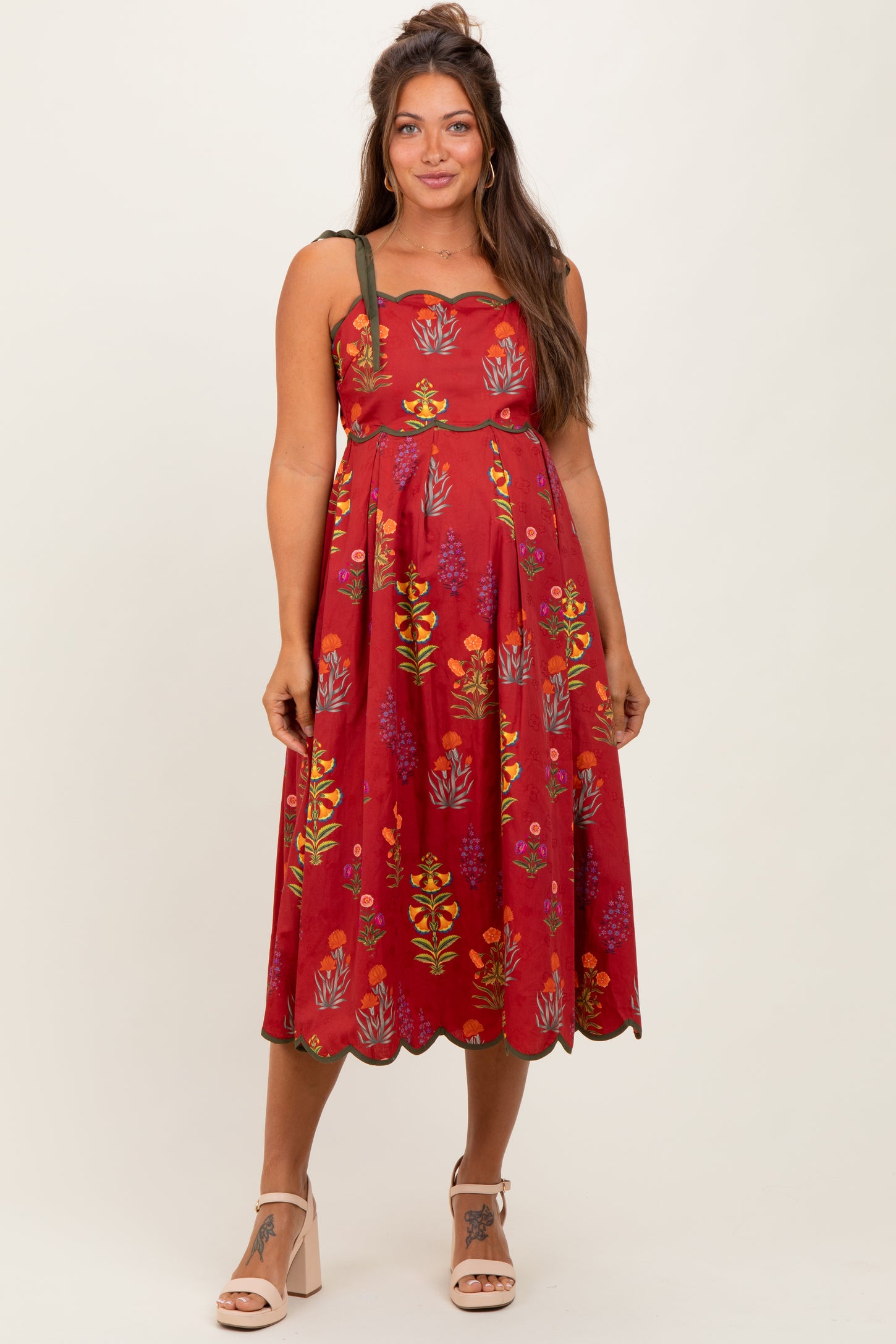Rust Floral Scallop Edge Shoulder Tie Maternity Midi Dress