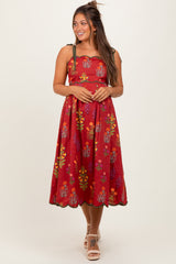 Rust Floral Scallop Edge Shoulder Tie Maternity Midi Dress