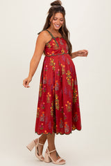 Rust Floral Scallop Edge Shoulder Tie Maternity Midi Dress