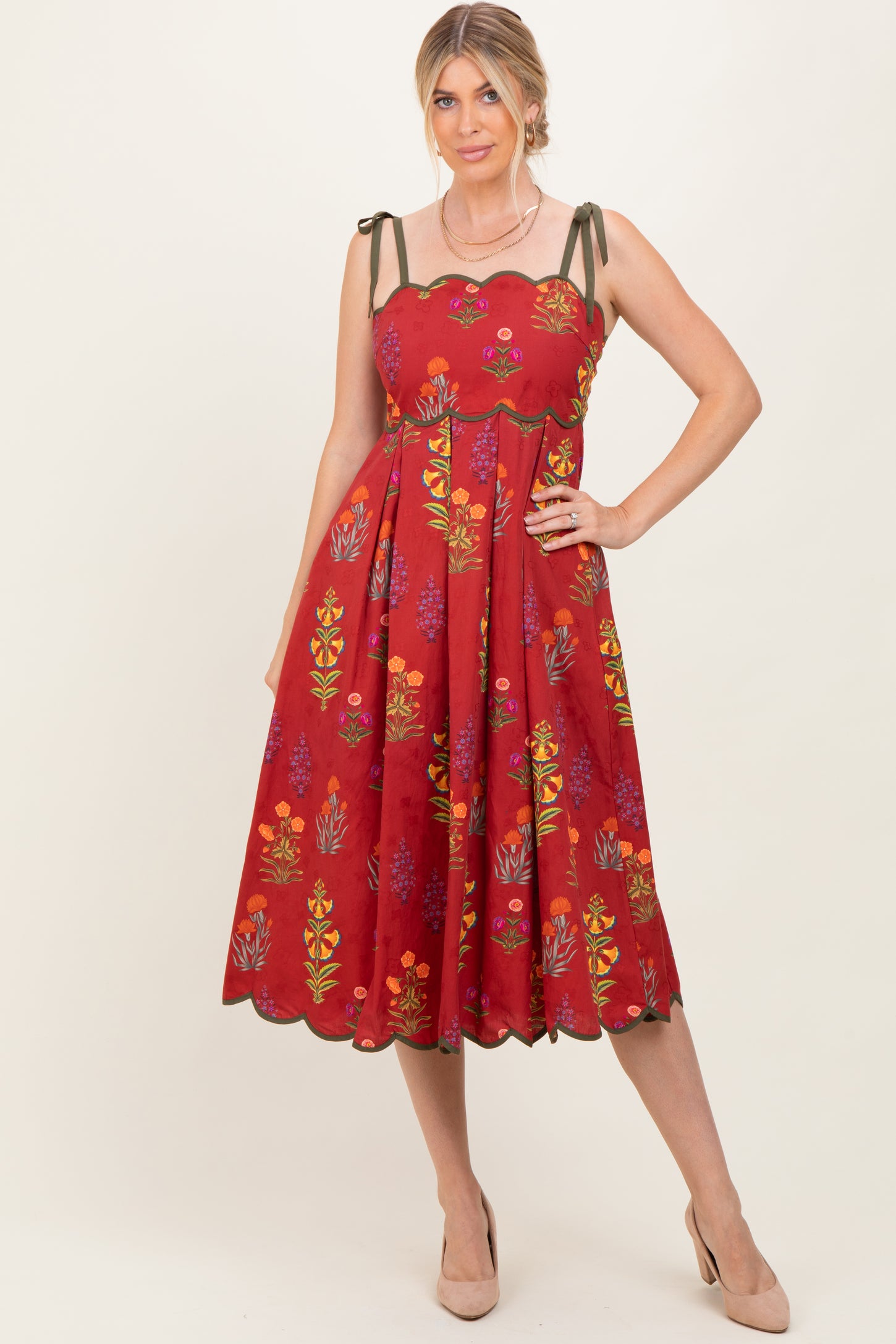 Rust Floral Scallop Edge Shoulder Tie Maternity Midi Dress