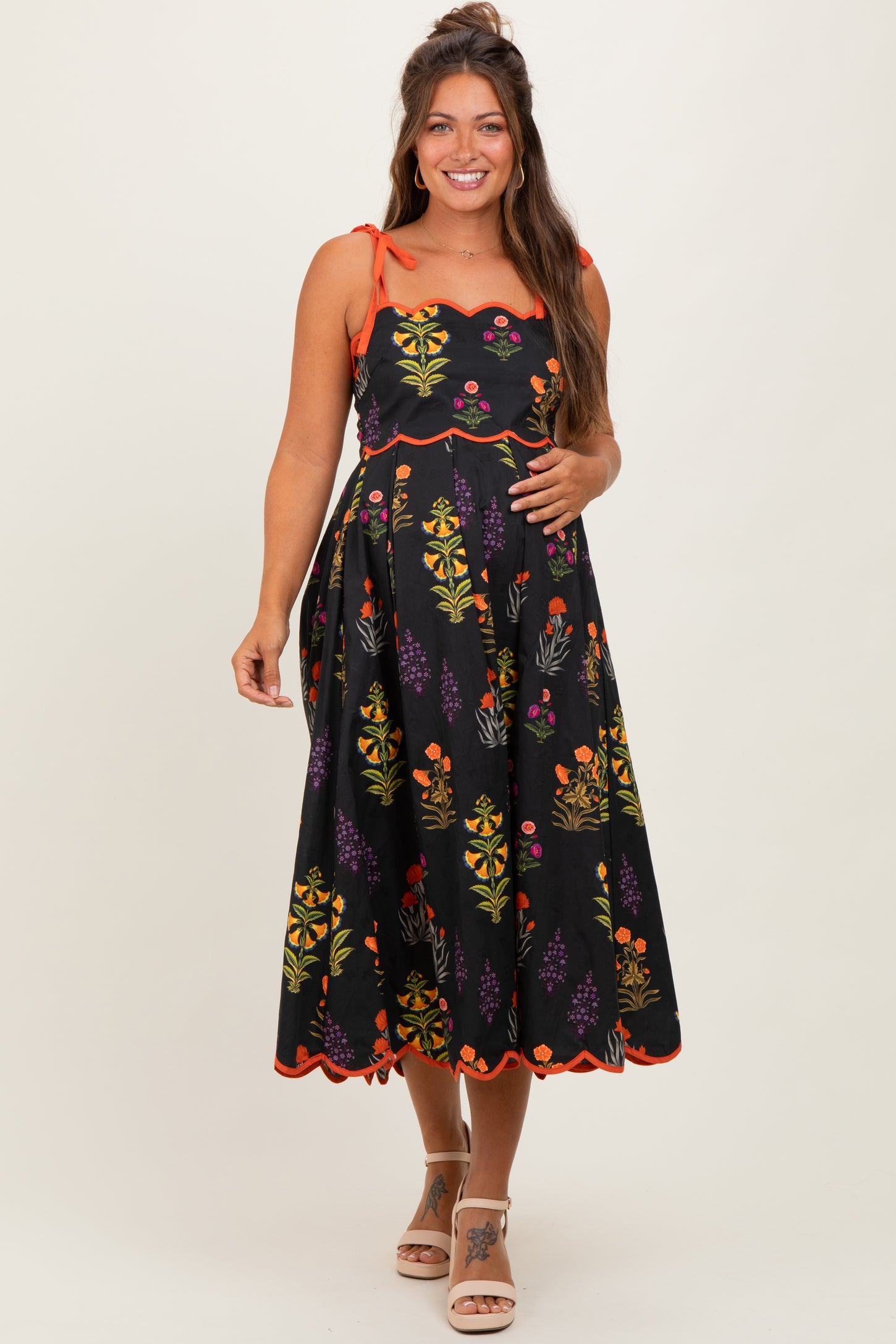 Black Floral Scallop Edge Shoulder Tie Maternity Midi Dress