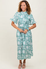Light Olive Floral Ruffle Button Up Neckline Midi Dress