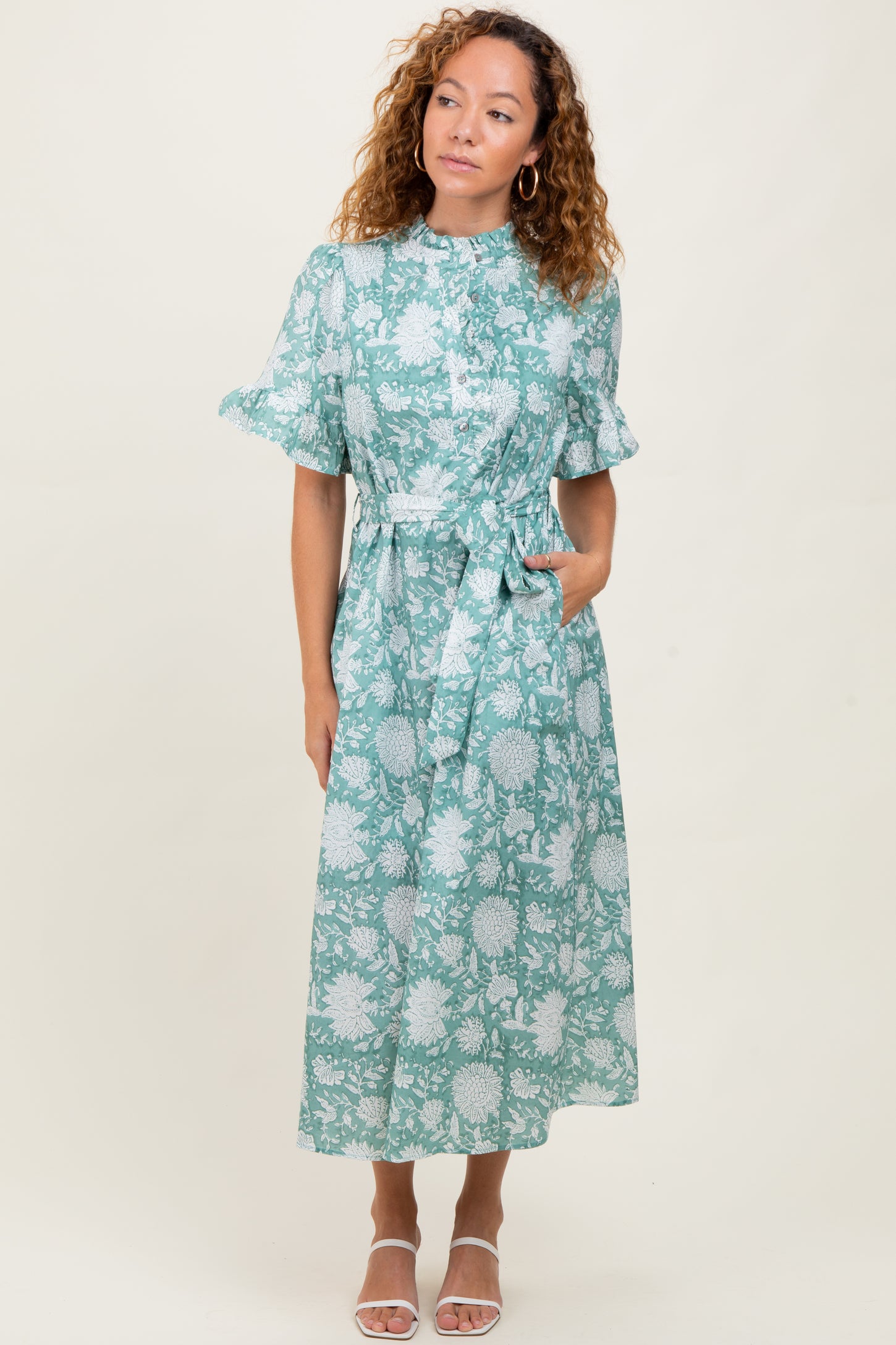 Light Olive Floral Ruffle Button Up Neckline Maternity Midi Dress