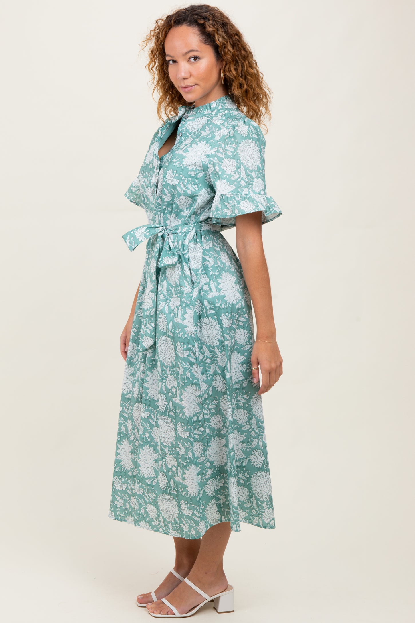Light Olive Floral Ruffle Button Up Neckline Midi Dress