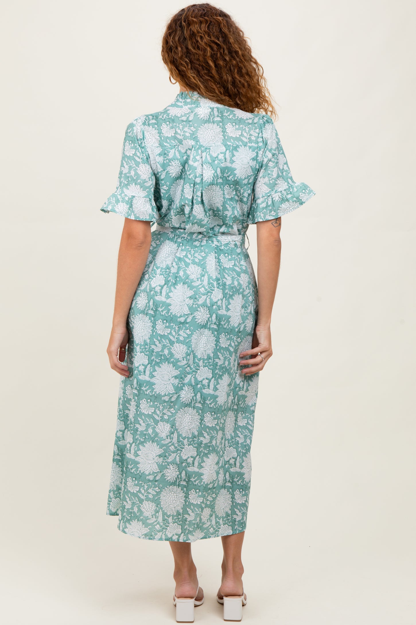 Light Olive Floral Ruffle Button Up Neckline Midi Dress