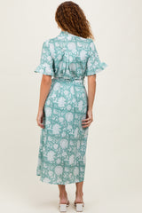 Light Olive Floral Ruffle Button Up Neckline Midi Dress