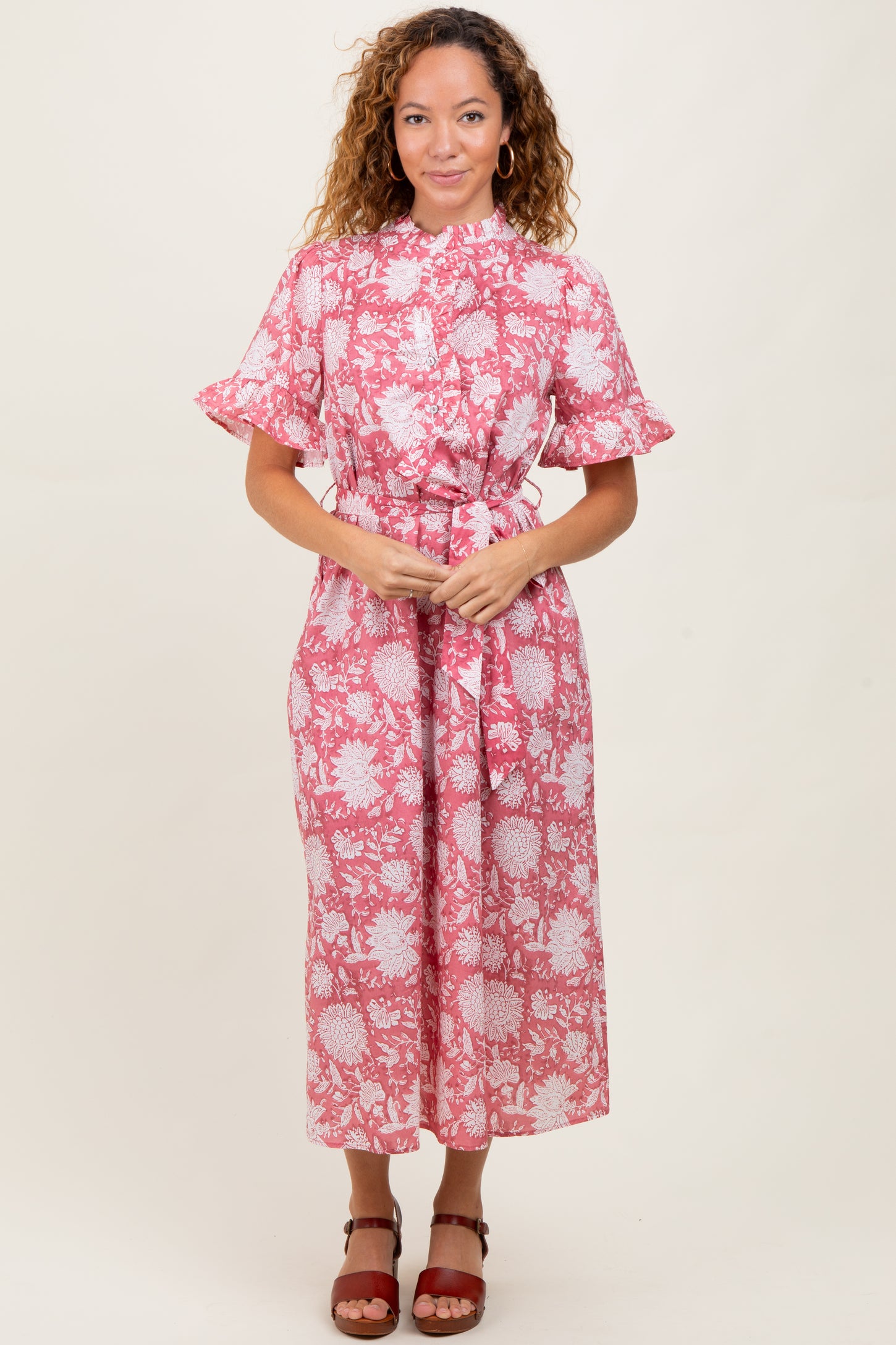 Pink Floral Ruffle Button Up Neckline Midi Dress