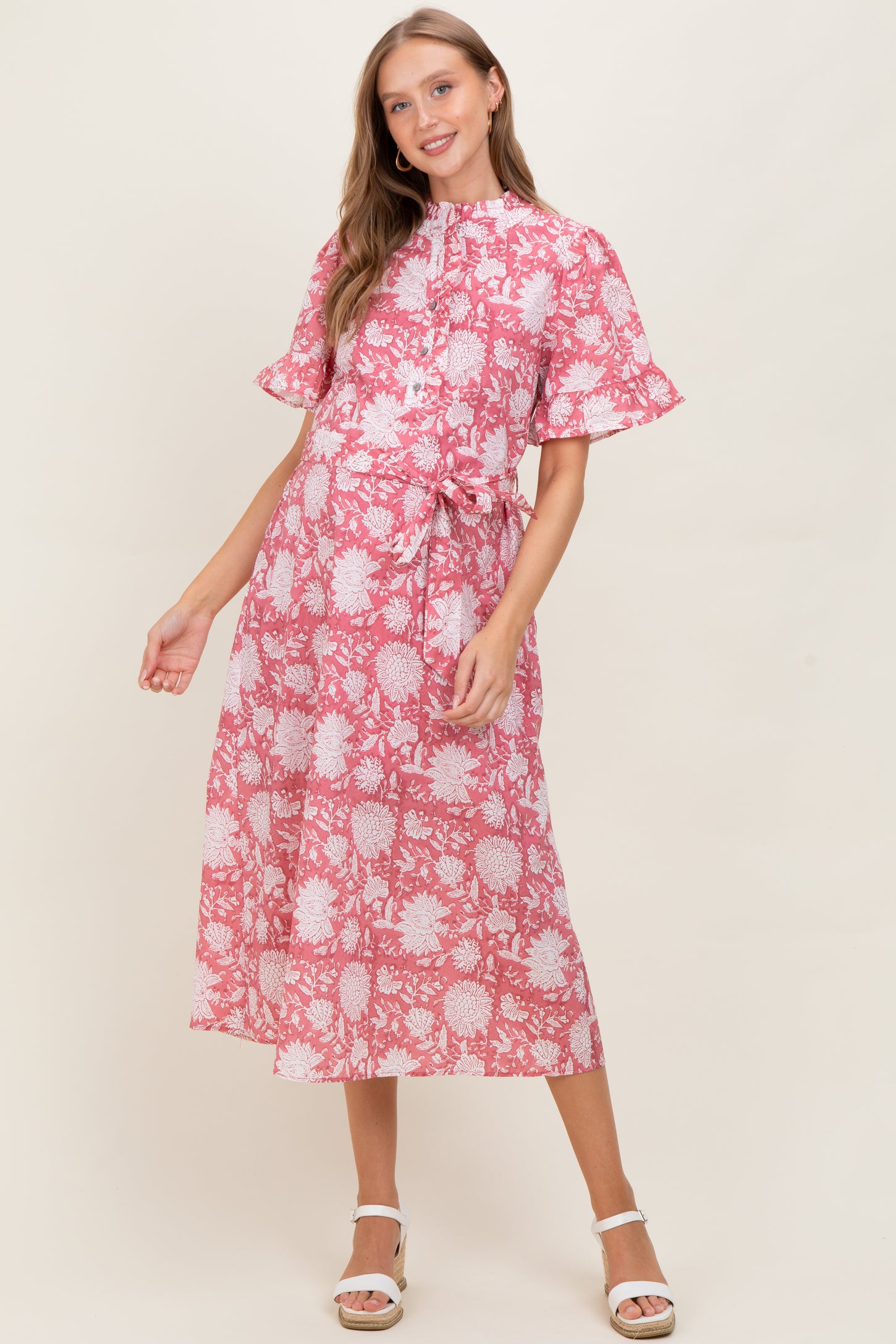 Pink Floral Ruffle Button Up Neckline Maternity Midi Dress